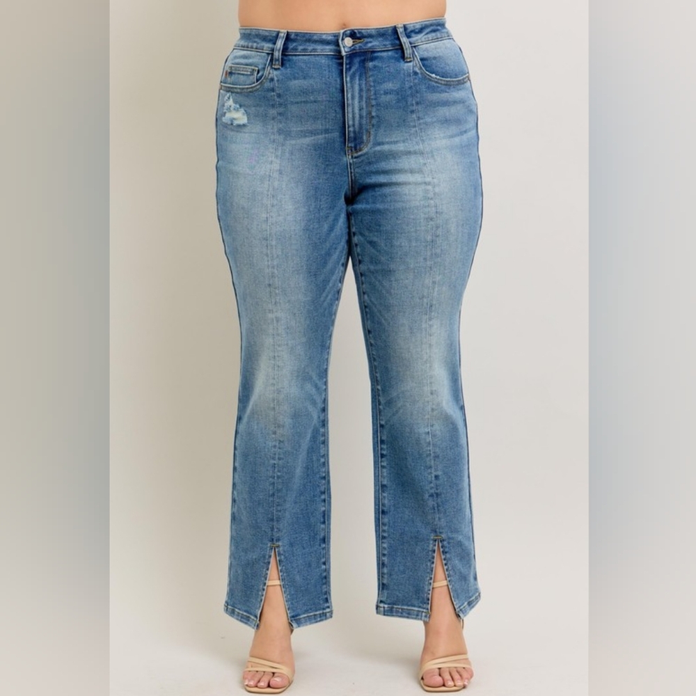 Judy Blue High-Rise Split Hem Distressed Straight Leg Boyfriend Jeans Denim Pant - Picture 4 of 16